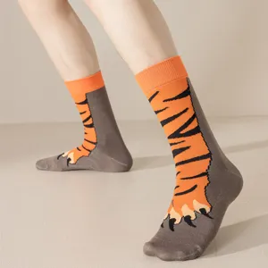 Detailed view of funny tiger paw mid-calf socks, featuring creative animal stripe design.