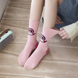 Cute pink crew socks for women featuring funny cartoon pig nose design daily casual wear