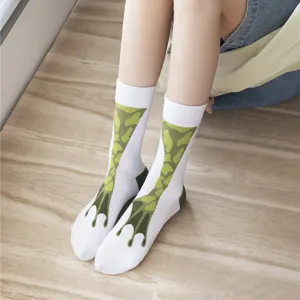Close up of cute frog webbed foot design mid-calf socks, featuring funny animal print.