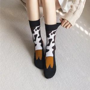 Funny novelty cow hoof print mid-calf socks, cute animal design cotton socks for daily wear.