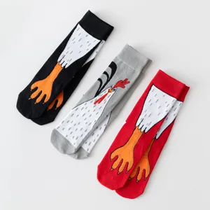 Detailed view of funny chicken feet novelty socks, featuring creative animal print design.