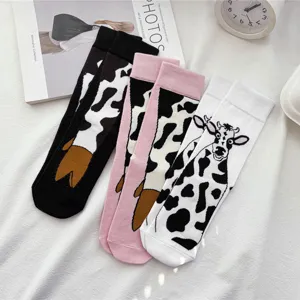 Cute cow print mid-tube socks for autumn and winter, funny creative animal pattern casual socks.