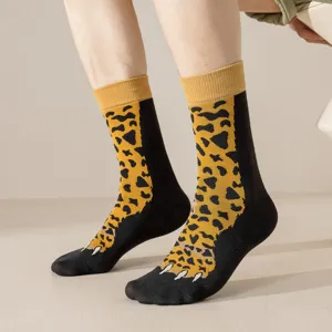 Cute animal claw mid-calf socks with leopard print design, cozy cotton winter fashion style.
