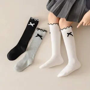 Girls Cute Sweet Japanese Style Knit Mid Calf Socks With Bow And Lace Trim
