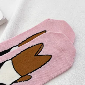 Cute pink mid-tube socks with funny cartoon animal pattern, soft knit winter socks for daily wear.