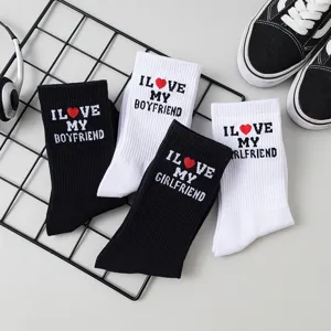 Unisex Cotton Mid Tube Couple Socks Letter Embroidery Casual Crew Socks White Black Daily Wear Fashion Hosiery