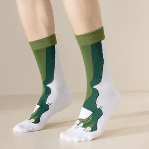 Fun dinosaur claw crew socks for men and women, cute novelty cotton socks in green and white.