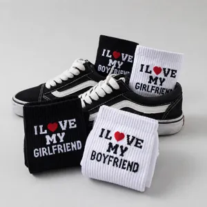 Couple cotton mid-tube socks black and white pair love letter print trendy casual socks