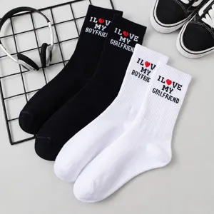 Couple cotton socks with cute letter print, soft and comfortable mid-tube daily casual socks.