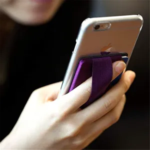 Supporto per telefono elastico viola in tessuto Lycra con tasca per carte posteriore