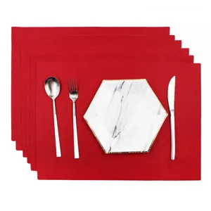 Red felt placemat set, absorbent and heat-insulating table mat for dining room decor.