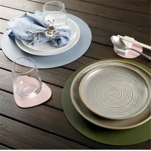 Round PU leather placemat and coaster set, waterproof, heat-insulation, dining table mat.