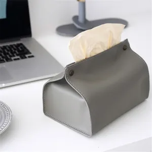 Grauer PU Leder Kosmetiktücherbox Halter mit Druckknopf für Zuhause und Auto Dekoration.