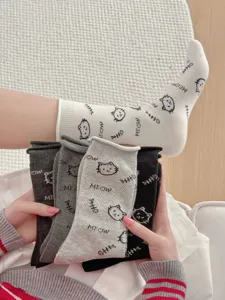 Chaussettes mi-hautes en coton pour femmes motif chat mignon style kawaii doux respirant decontracte