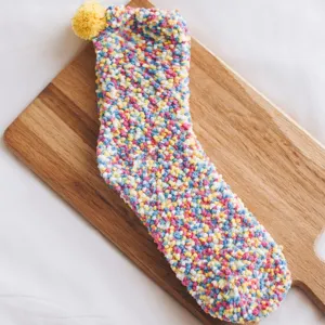 Cozy colorful coral fleece floor sock detail view, sweet candy tone fuzzy sleeping sock.