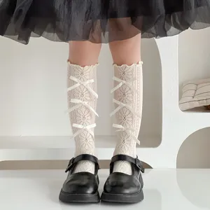 Calze al ginocchio in pizzo per ragazze dolci fiocchi lolita collant trasparenti estate