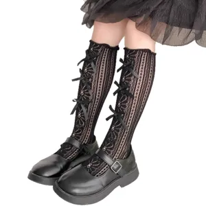 Calze alte in pizzo Lolita per ragazze con fiocchi carini neri trasparenti estive.