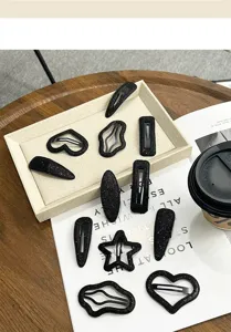 Juego de pinzas para el cabello con purpurina negra, horquillas geométricas de corazón para mujer.