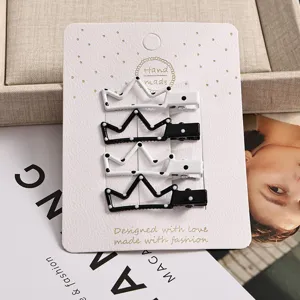 Lot de 4 pinces à cheveux couronne, pinces bec de canard à pois noir et blanc pour filles.