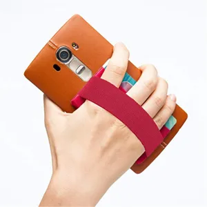 Porte-carte de téléphone en cuir marron avec sangle élastique rouge anti-chute