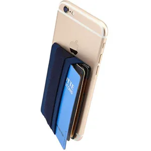 Porte-cartes adhésif élastique Lycra pour smartphone, poche portefeuille bleue foncée.