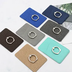 Leather phone card holder with ring stand, adhesive back pocket sleeve in various colors.