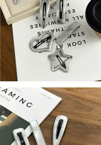 Silver leather hair clips set, cute heart and star shaped cute hair styling accessories.