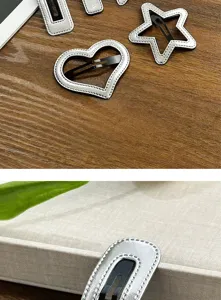 Silver leather hair clips set, star and heart shapes BB clips for cute girls hair styling.