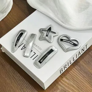 Sweet Girls Silver Leather Hair Clip Geometric Star Heart Drop Hairpin Fashion Daily Hair Accessories