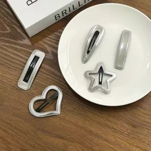Silver leather hair clips set featuring heart, star, and geometric shapes for cute girl hairstyles.