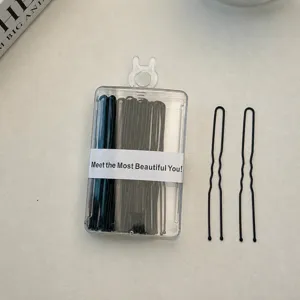 U-shaped hair pins set, black metal hair styling pins in clear storage box for daily styling.