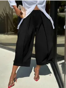 Women Solid Color Wide Leg Cropped Pants Casual High Waist Pleated Trousers With Pockets Office Lady Daily Wear Polyester Pants