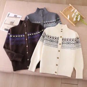 Women's Fair Isle cardigan sweater retro button up knitwear casual loose long sleeve top
