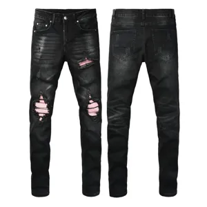 Men Streetwear Washed Black Distressed Jeans American Retro Patchwork Skinny Denim Pants Patch Embellishment Casual Trousers