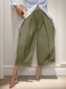 Casual solid color high waist wide leg cropped pants for women, comfortable fit daily wear.