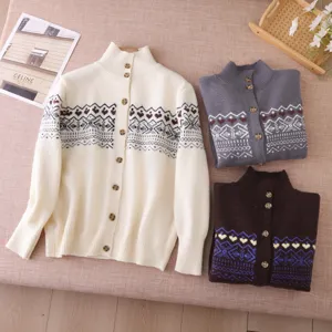 Detail shot of vintage Fair Isle high-neck cardigan sweater with cozy knit pattern and buttons.