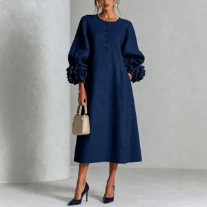 French style solid blue long sleeve linen maxi dress with 3d floral balloon sleeves.