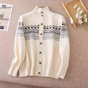 Cozy beige Fair Isle cardigan sweater featuring mock neck, button-front, and vintage jacquard knit.
