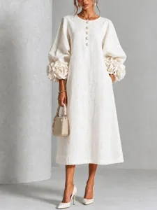 French style chic linen midi dress featuring 3D floral lantern sleeves and elegant round neck.