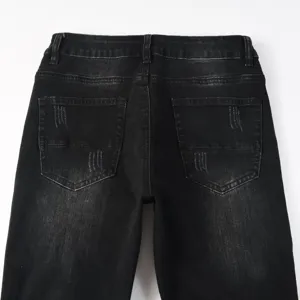 Men's black distressed washed denim jeans back view casual trousers streetwear pants.