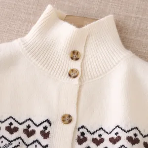 Cream white mock neck knit cardigan sweater with retro fair isle heart jacquard detail.