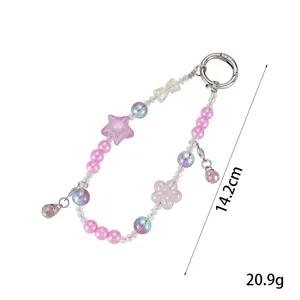 Handmade beaded phone charm with pink pearls, cute star and flower pendants, 14.2cm.
