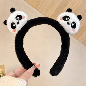 Cute plush panda headband for washing face, soft winter hair hoop with 14cm diameter.