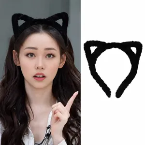Serre-tête oreilles de chat en peluche noir mignon large accessoire cheveux duveteux femme