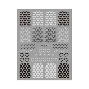 Black and white heart nail art stickers 3D self-adhesive nail decals for manicure design.