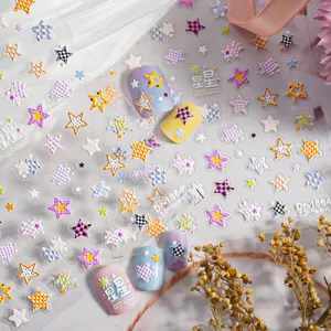 5D Relief Nail Art Stickers Cute Five-Pointed Star Plaid Design Adhesive Nail Decals DIY Manicure Decorations