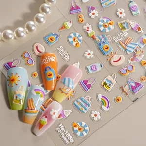 5D Embossed Nail Art Stickers Summer Beach Cartoon PVC Resin Self-Adhesive Nail Decals Manicure Decorations