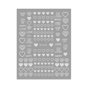 Detail view of 3D heart nail art stickers sheet with cute English phrases and various sizes.