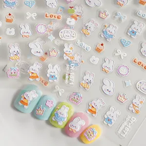 5D Geprägte Süße Cartoon Kaninchen Schleife Nagelkunst Aufkleber Ins Stil Selbstklebende Nagelsticker DIY Maniküre Dekorationen