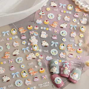 5D relief cute cat nail art stickers, kawaii kitten bowknot dessert adhesive nail decals.